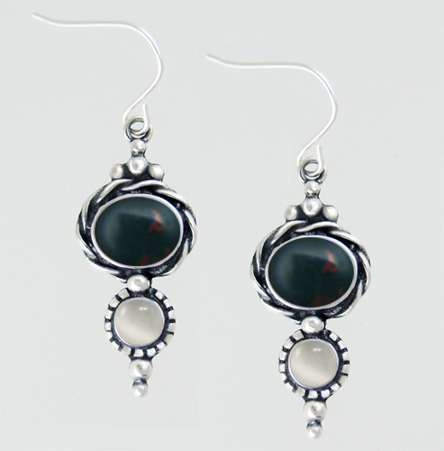 Sterling Silver Drop Dangle Earrings With Bloodstone And White Moonstone